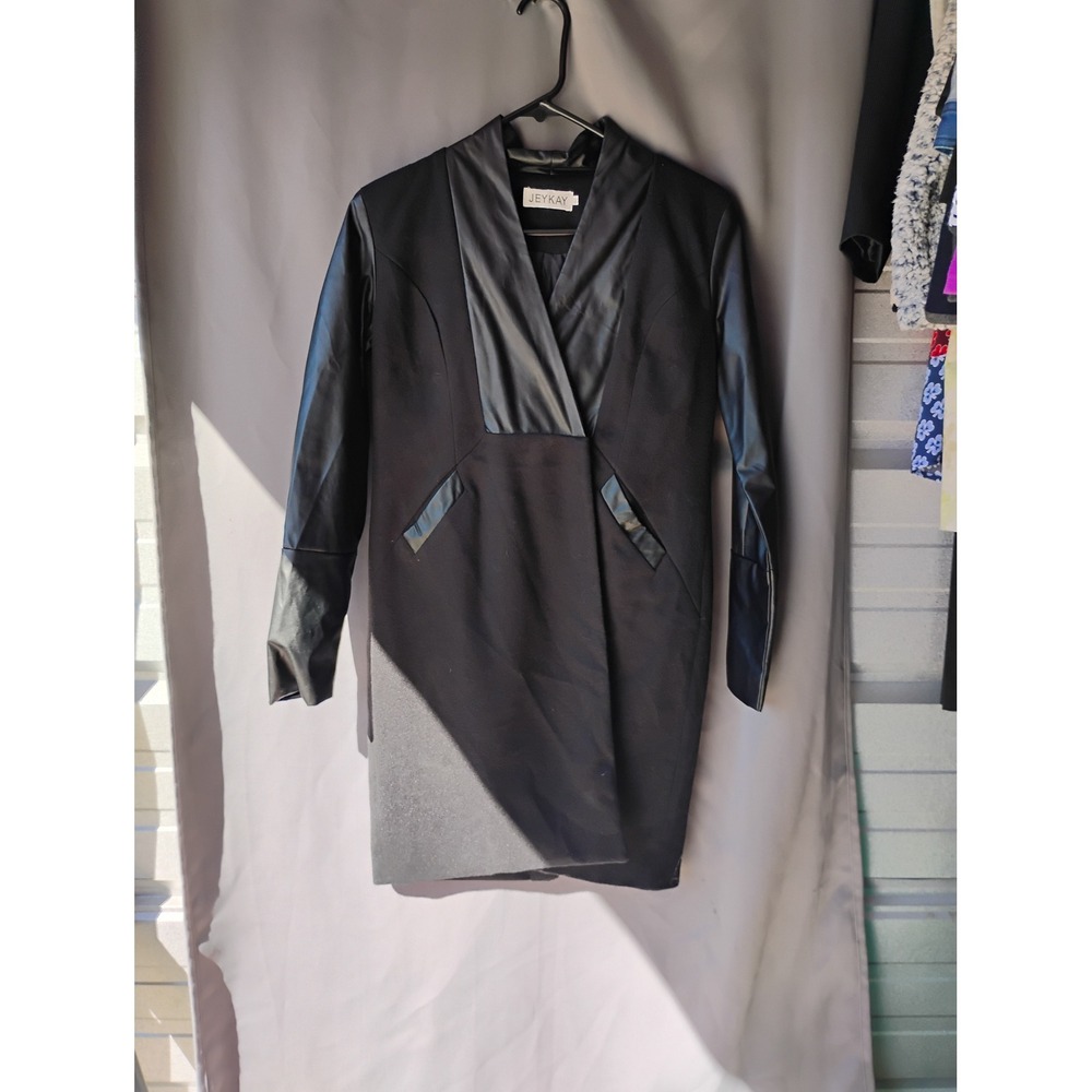 JEYKAY Black Faux Leather Sleeve V-Neck Mini Dress Long Sleeve Mixed Media
